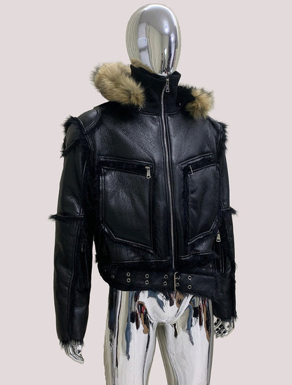 Black Cropped Fur Hooded Jacket