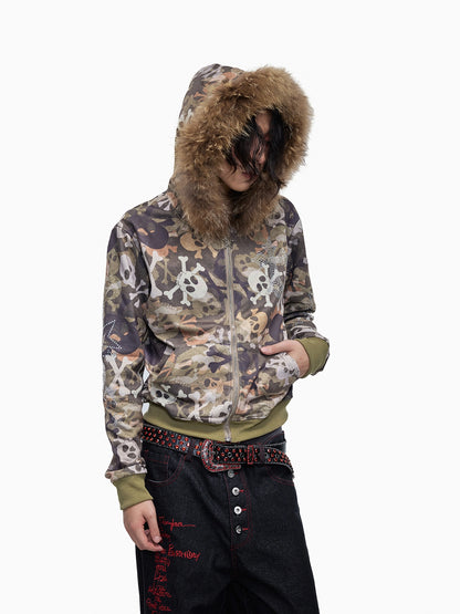 Skull Camo Fur Collar Hoodie Jacket