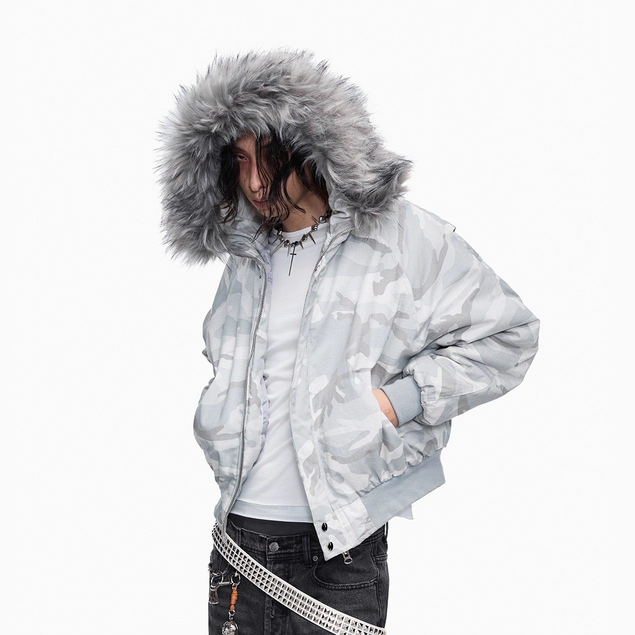 Rabbit fur collar padded jacket distressed faded short