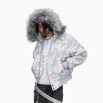 Rabbit fur collar padded jacket distressed faded short