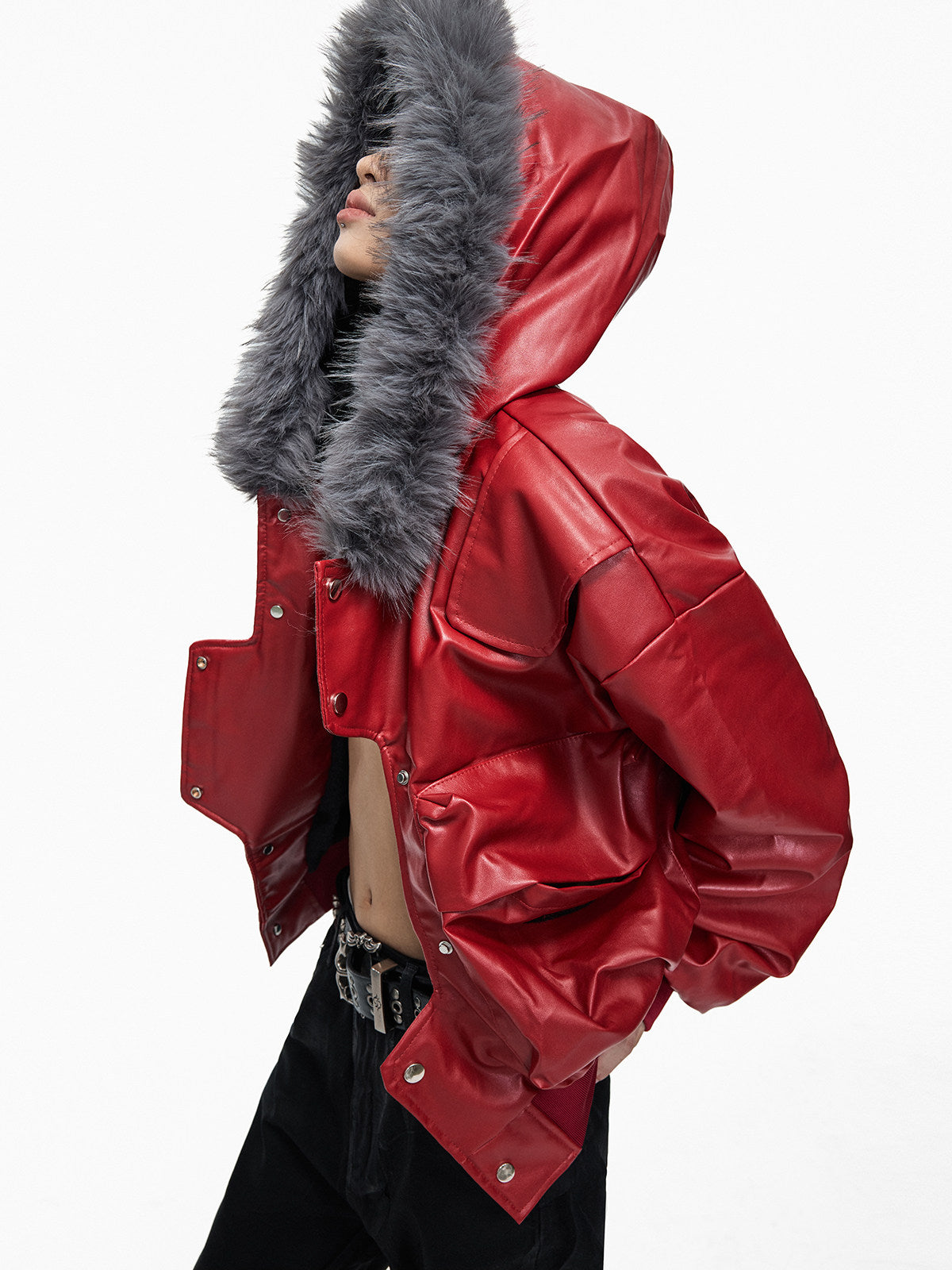 Fur hooded short leather Red jacket