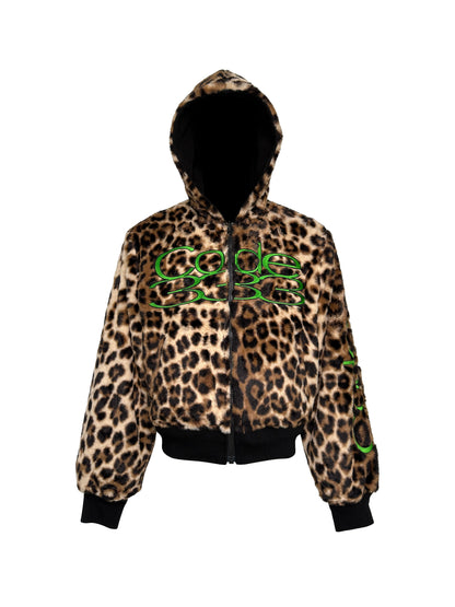 Green embroidered reversible leopard print zip hooded jacket