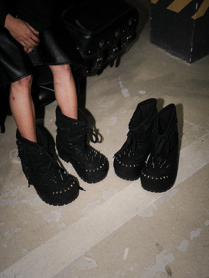 Rivet Destroyed Waxed Denim Ski Boots