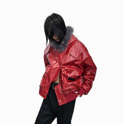 Fur hooded short leather Red jacket