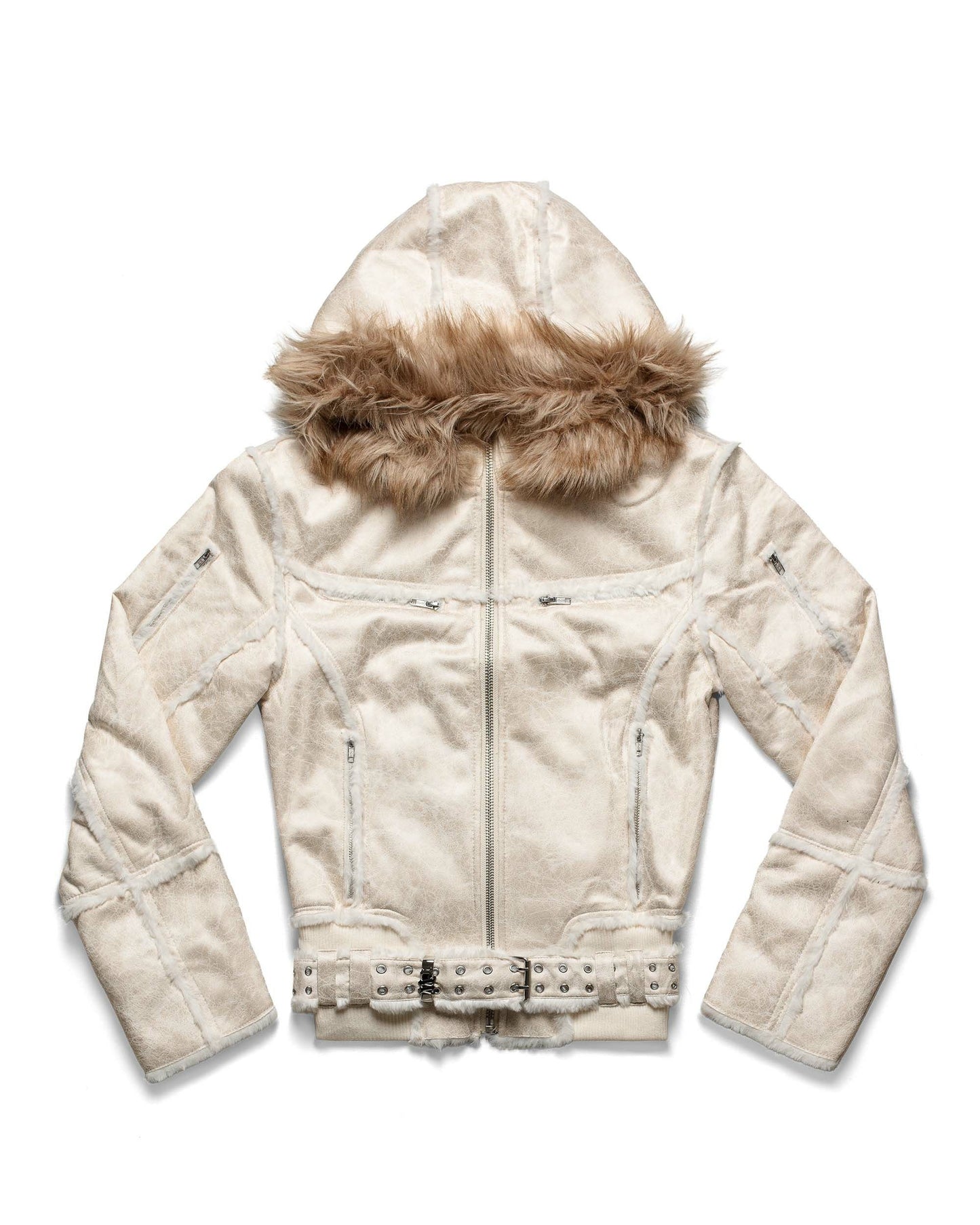 Leather belt fur collar hoodie zip jacket Martin match