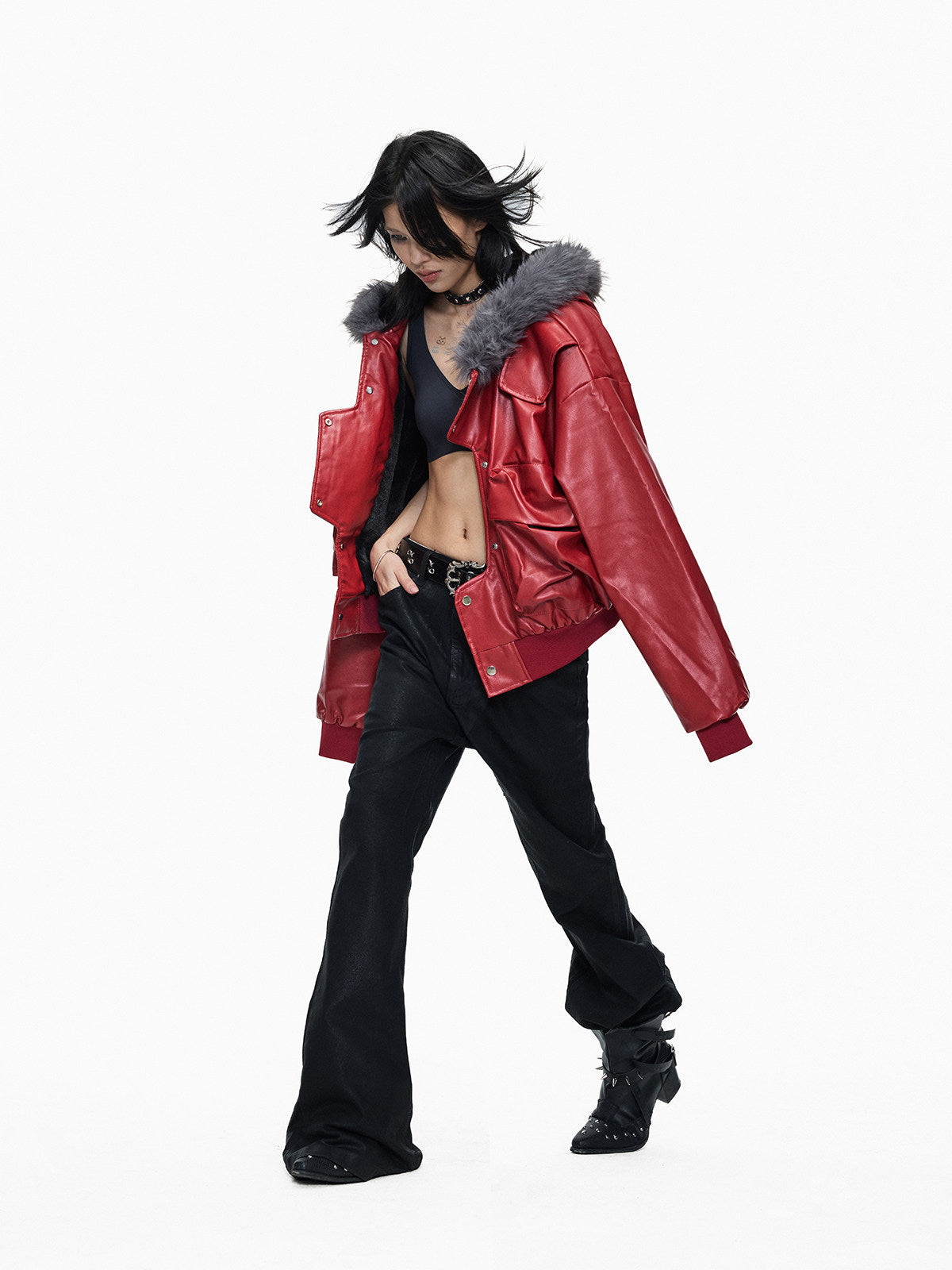 Fur hooded short leather Red jacket