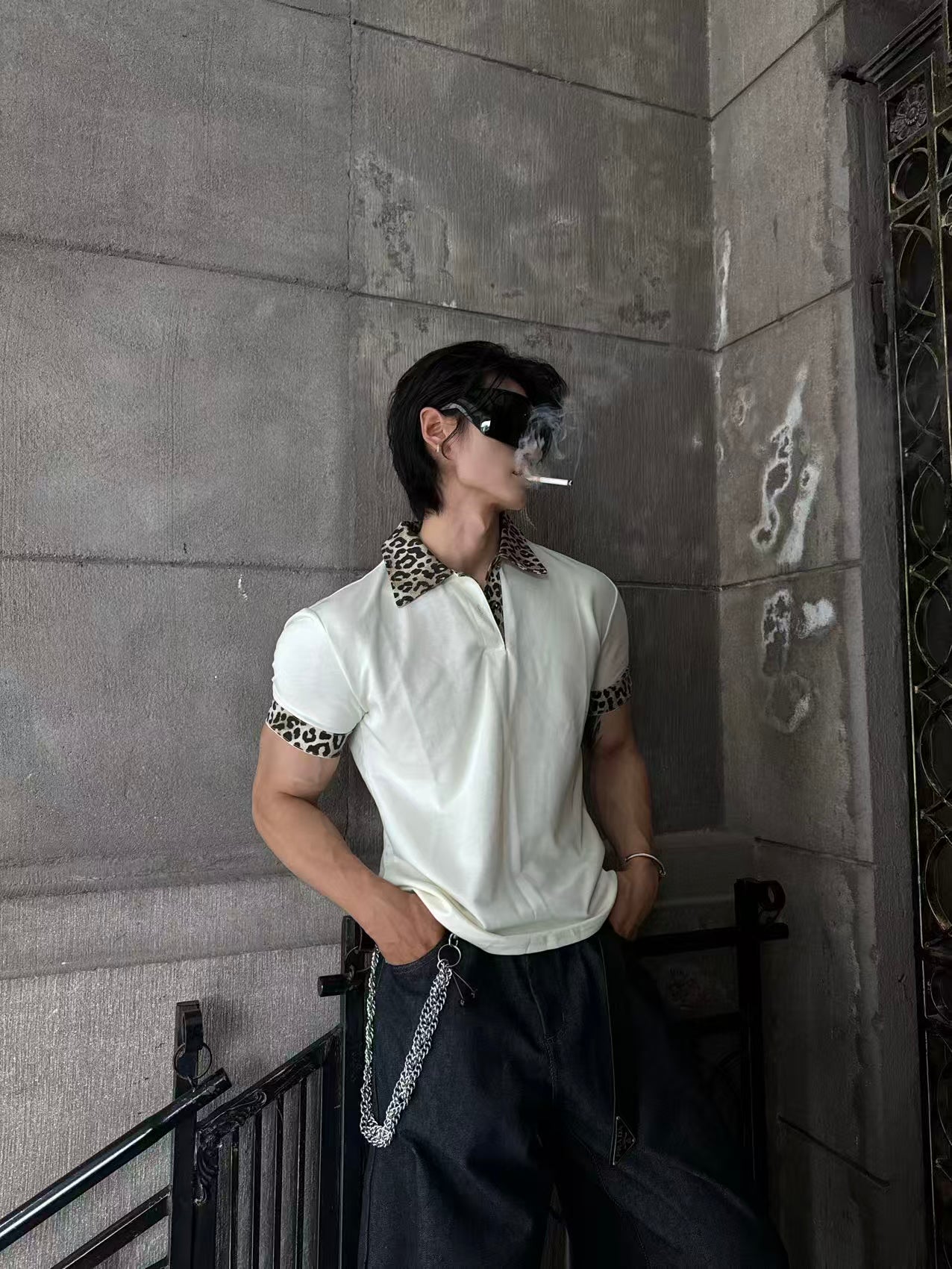 Leopard Splicing Cotton Polo Shirt