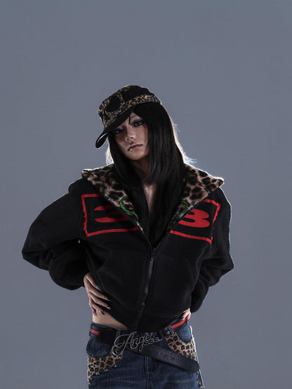 Green embroidered reversible leopard print zip hooded jacket