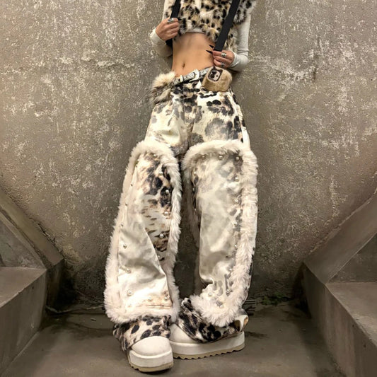 Street leopard print plush patchwork print jeans