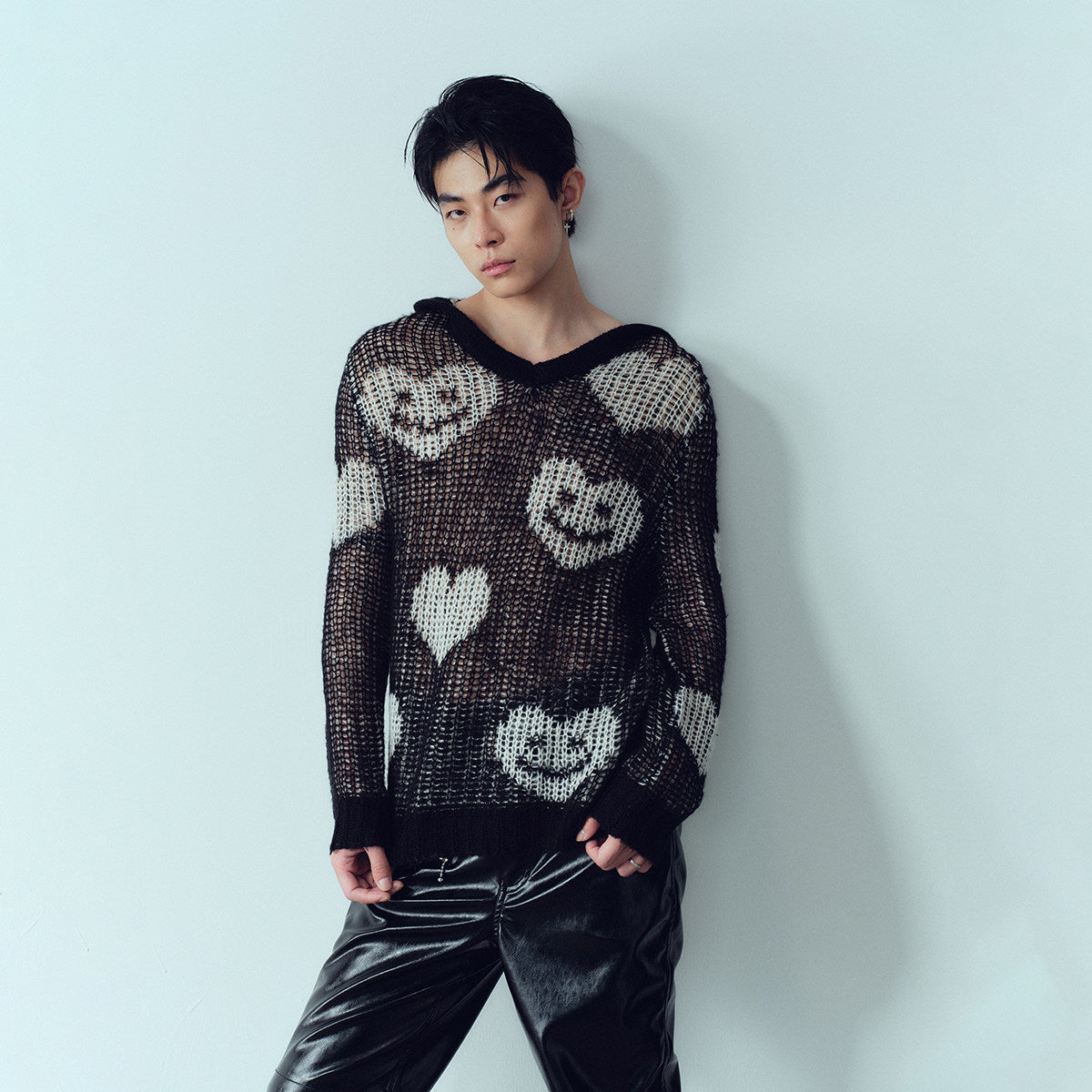 White jacquard original design hooded loose knit sweater