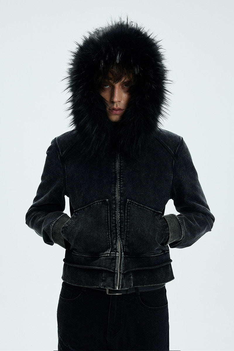 Fur collar slim wash distressed zipper hooded