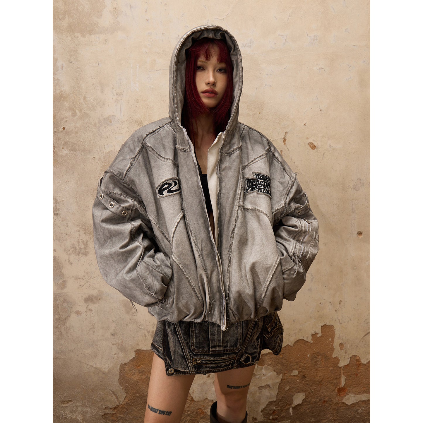 Hand-brushed hooded padded suit in red and white DirtyCoat