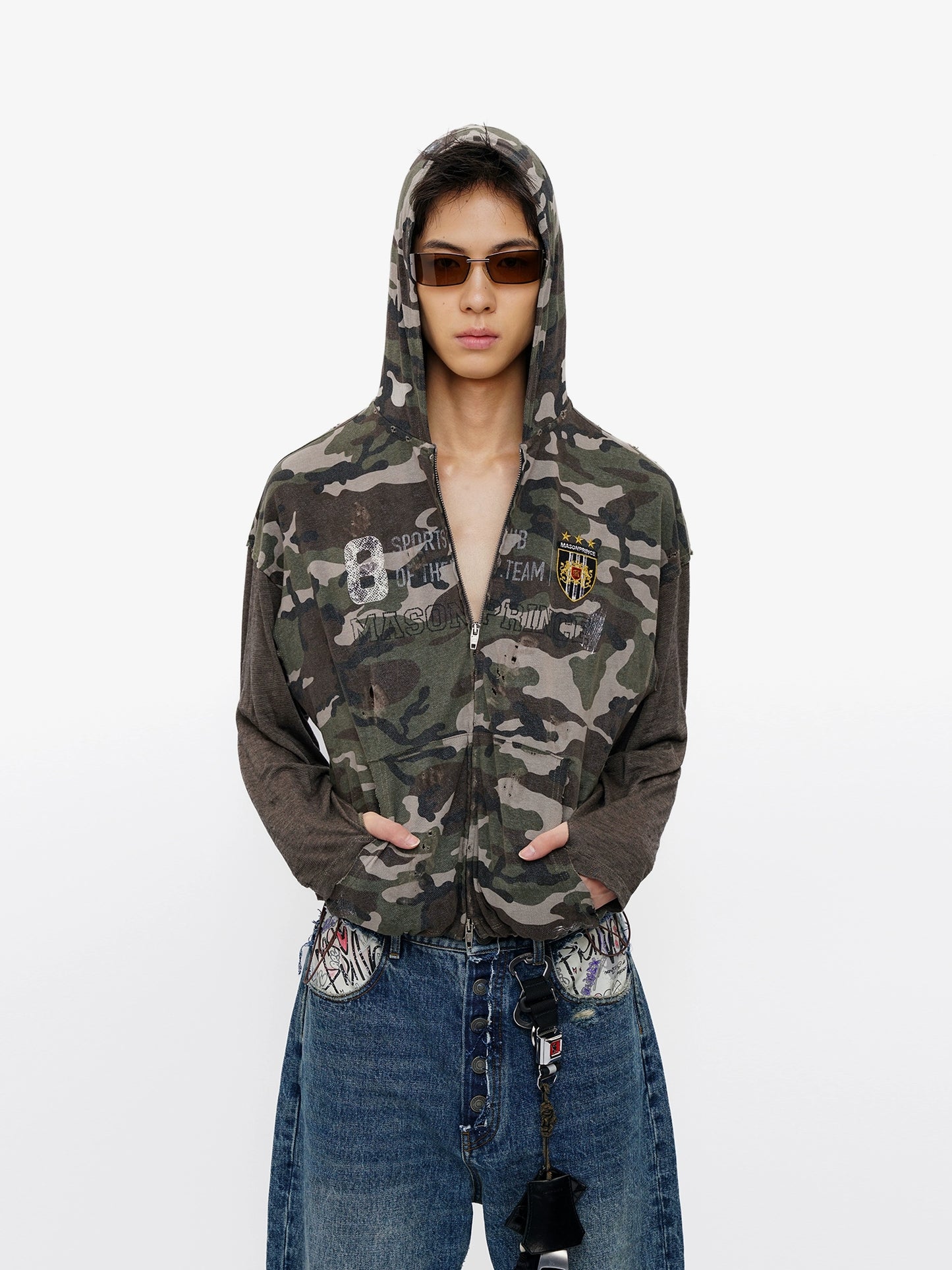 Camouflage Washed Zip Hoodie Army Green Unisex