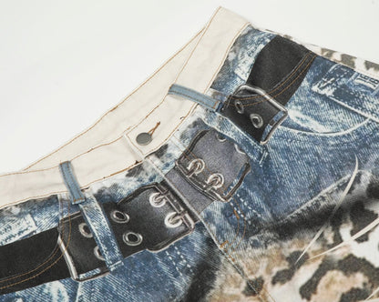 Leopard print loose wide-leg distressed gradient casual jeans