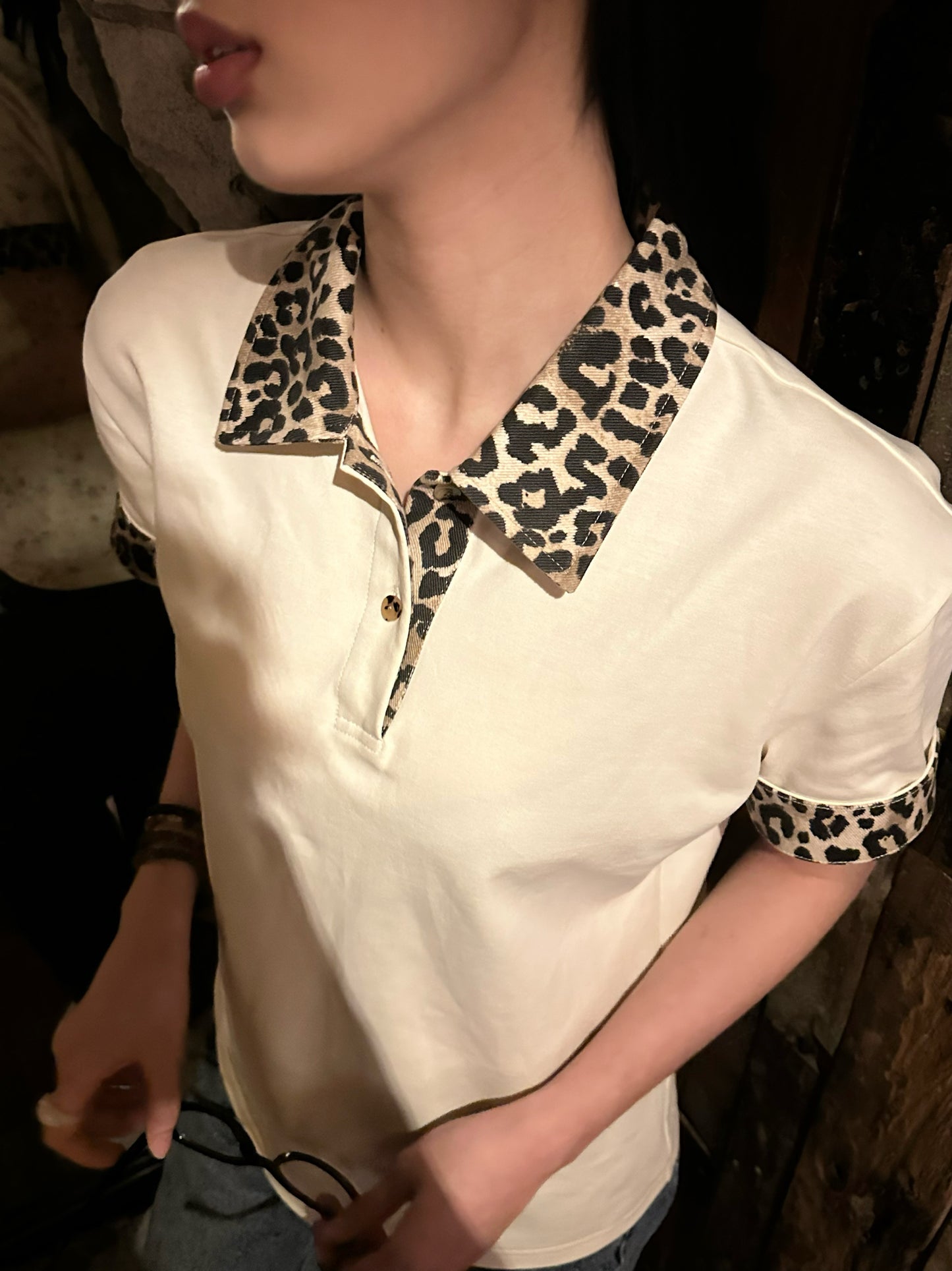 Leopard Splicing Cotton Polo Shirt