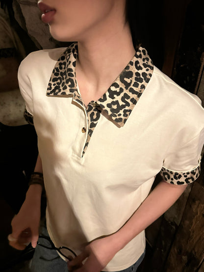 Leopard Splicing Cotton Polo Shirt
