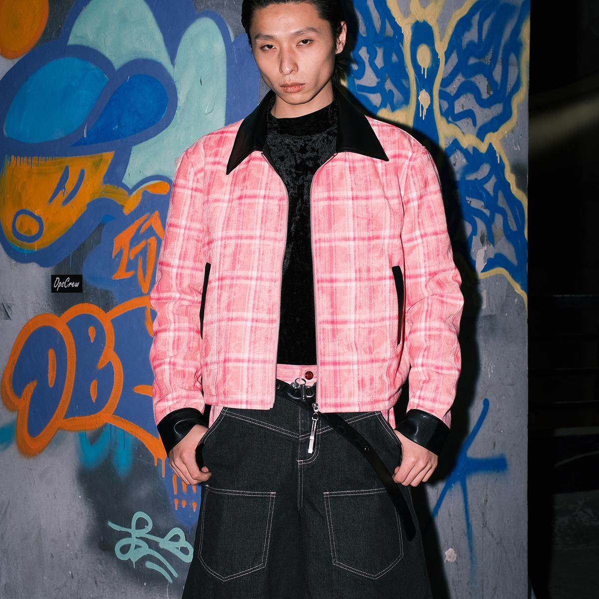 Ppink plaid reversible printed leather lapels cleanfit jacket