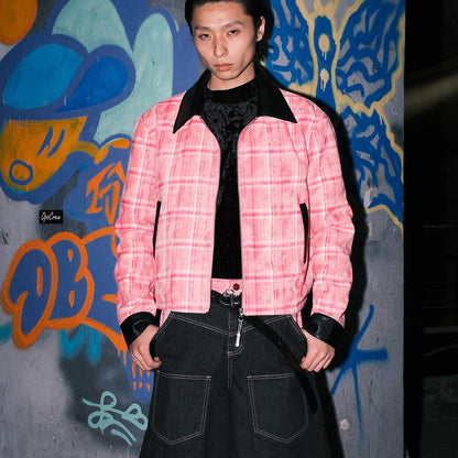 Ppink plaid reversible printed leather lapels cleanfit jacket