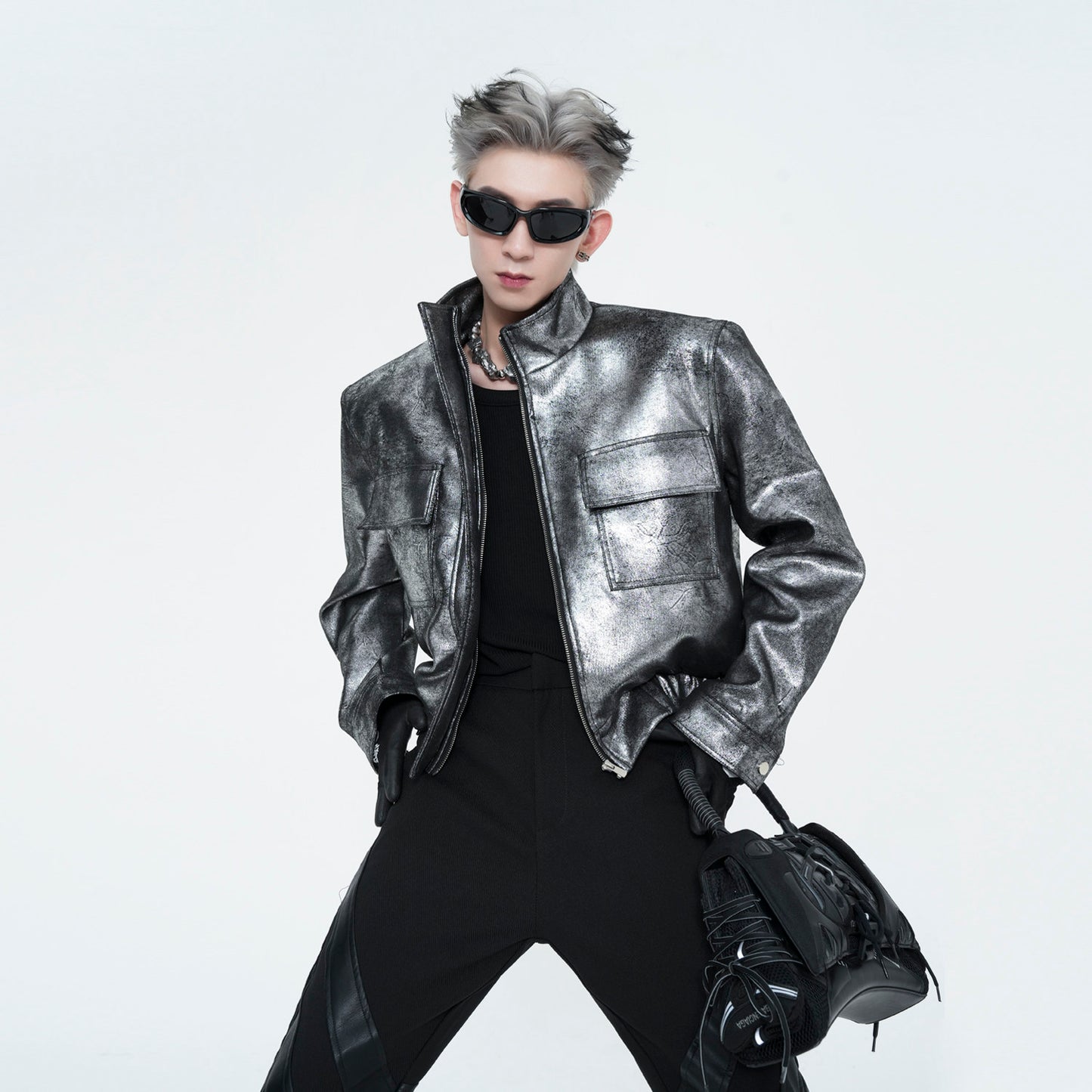 High-end men's ins trend handsome shoulder pads silver biker suit