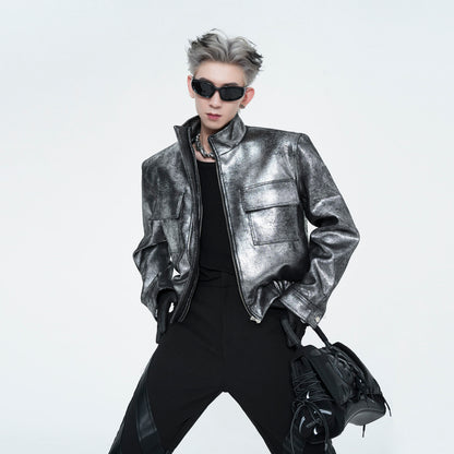 High-end men's ins trend handsome shoulder pads silver biker suit