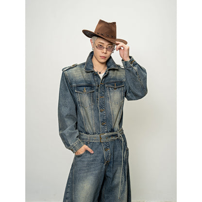 Washed Shoulder Padded Loose Scimitar Denim SetUp