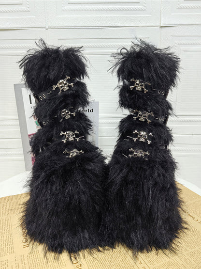 Long Fur Punk Platform Buckle Boots