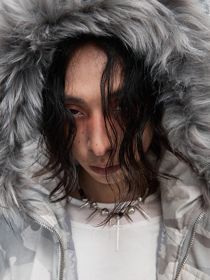 Rabbit fur collar padded jacket distressed faded short