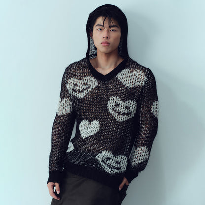 White jacquard original design hooded loose knit sweater