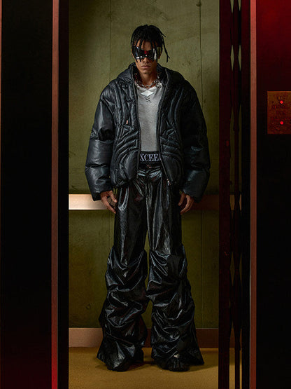 Wide-Leg PU Pleated Pants