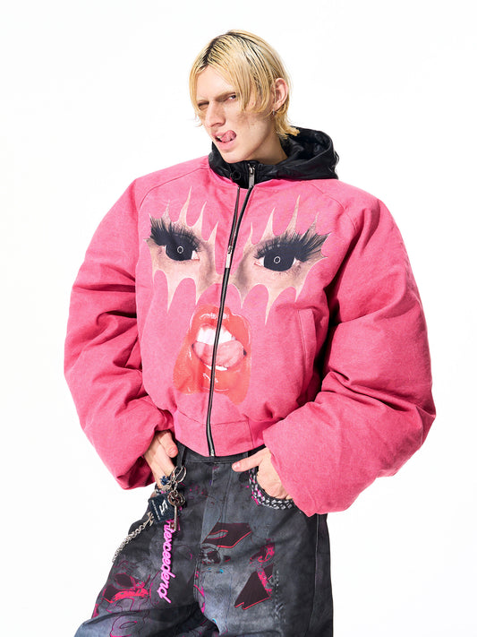 Red lip fun print thickened fleece baseball jersey jacket