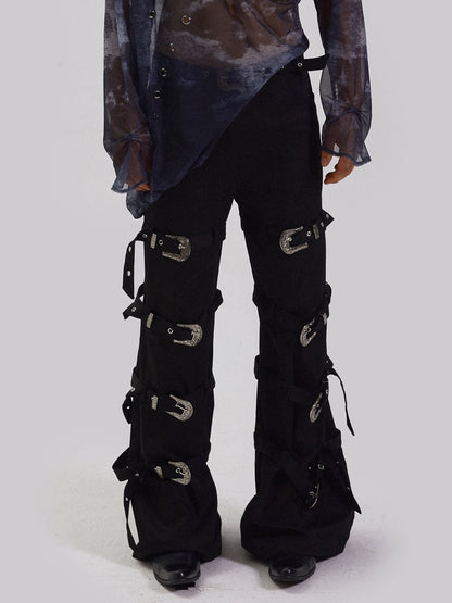 Punk Metal Buckle Strap Pants