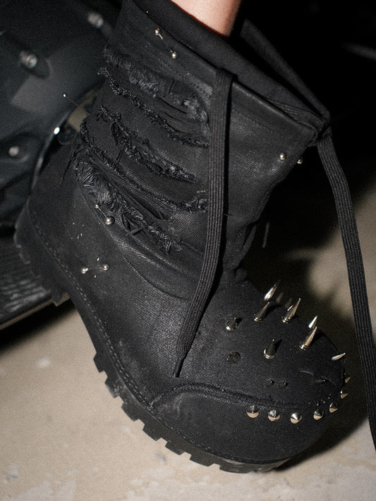 Rivet Destroyed Waxed Denim Ski Boots