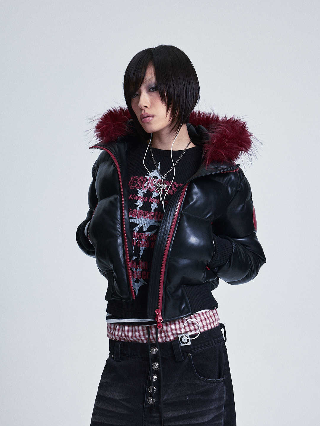 Detachable patchwork contrast soft PU fur collar cotton jacket