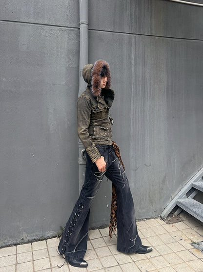 Y2K Fur Collar Hooded Denim Jacket