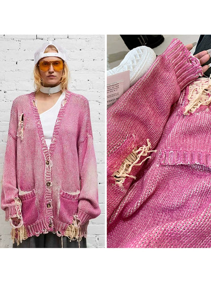 Pink Tie-Dye Distressed Knit Cardigan