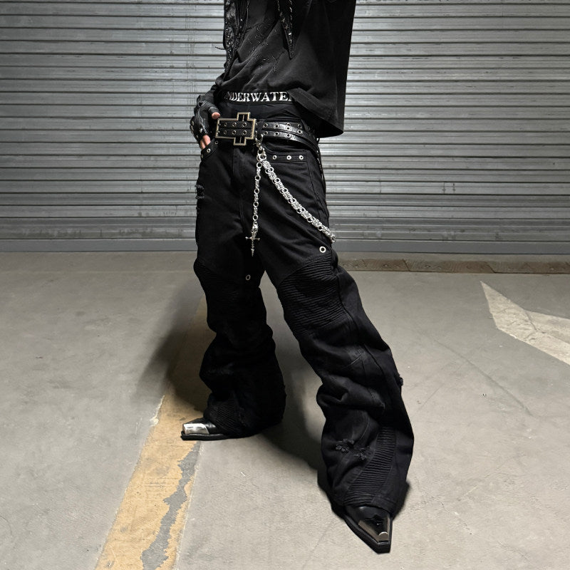 Bump nail brush wax double zipper motorcycle pants