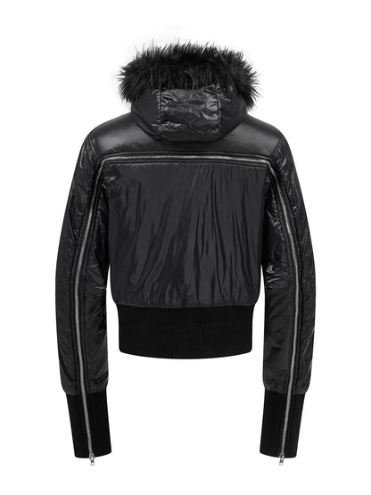Hooded Fur Collar Zip Jacket Padded fur collar design