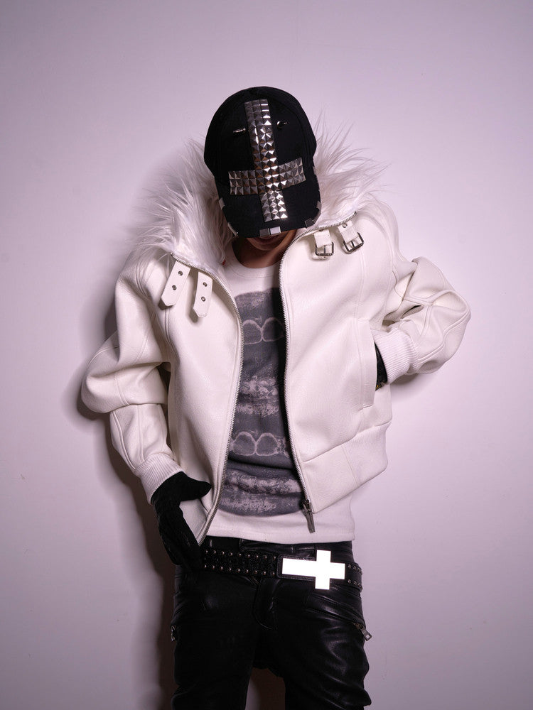 White Fur Collar Leather Jacket