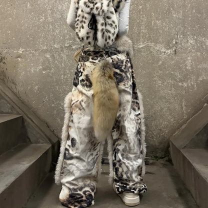 Street leopard print plush patchwork print jeans