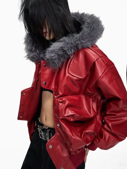 Fur hooded short leather Red jacket