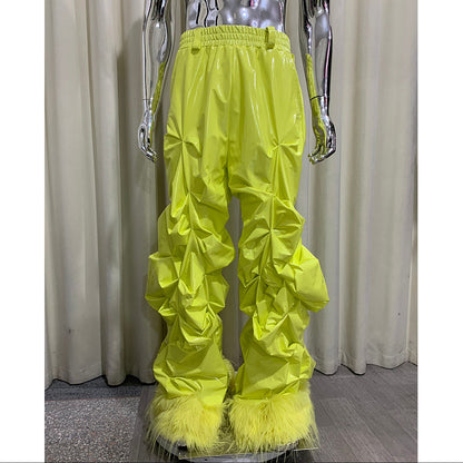 Patent Leather Pleated Stacked Pants