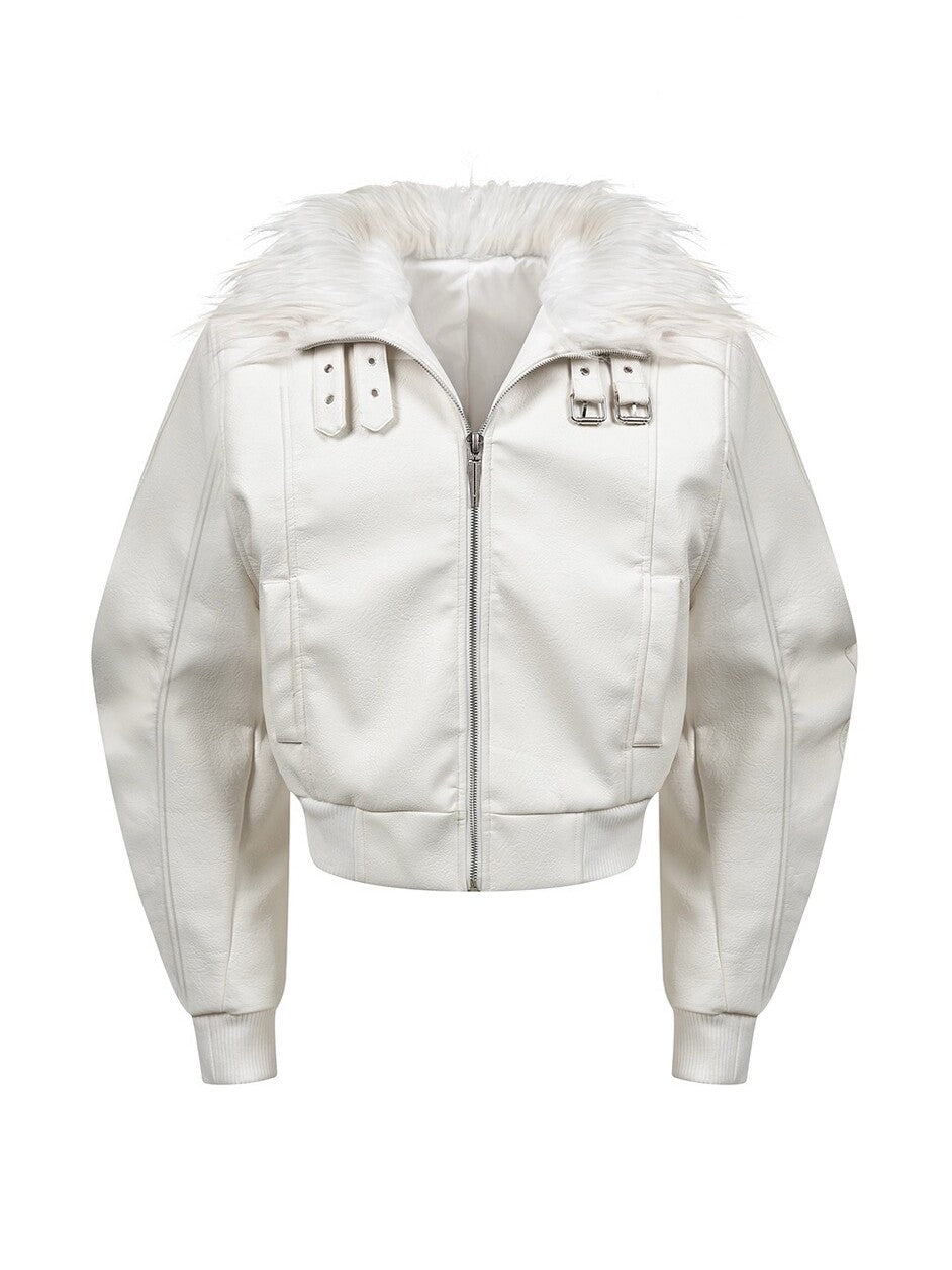 White Fur Collar Leather Jacket