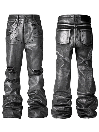 Silver Coated Frayed Bootcut Jeans