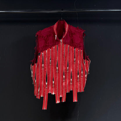 Trendy red zipper panel vest loose street vest