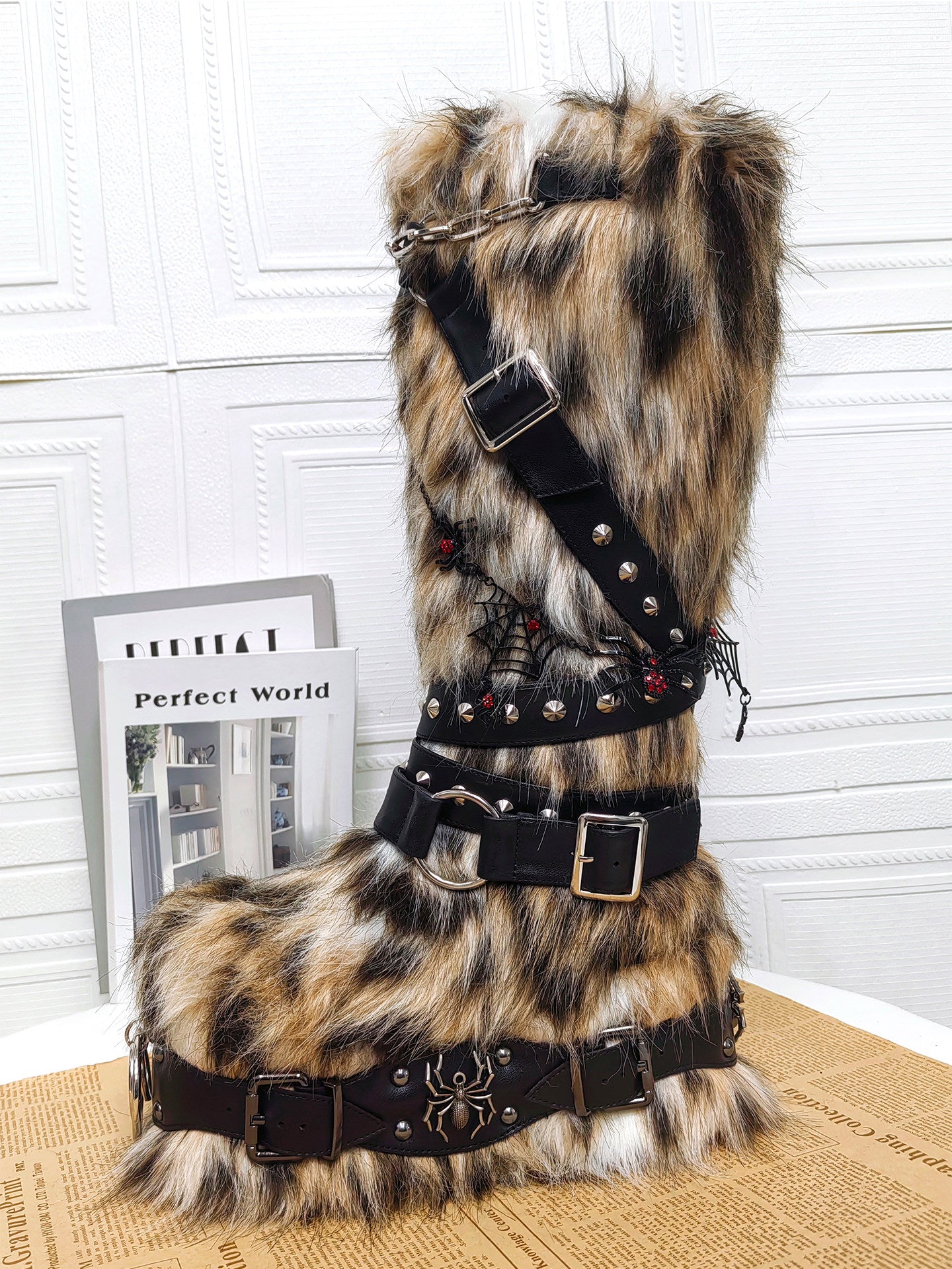 Leopard Fur Rivet Punk Platform Boots