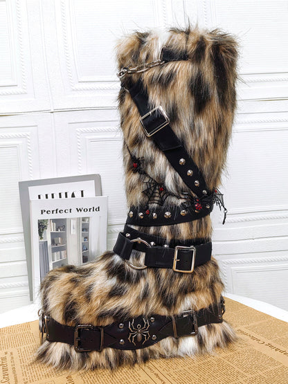 Leopard Fur Rivet Punk Platform Boots