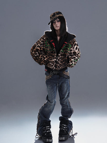 Green embroidered reversible leopard print zip hooded jacket
