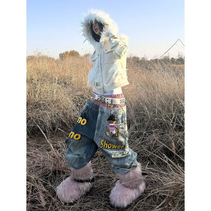 Ffur collar jacket new raw edge patchwork hooded