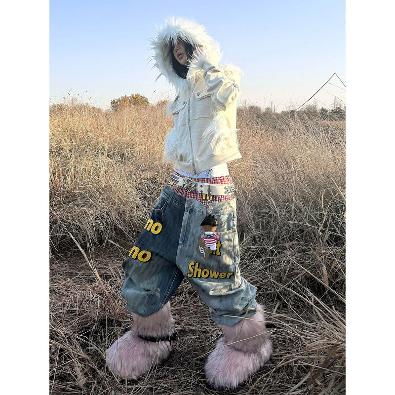 Ffur collar jacket new raw edge patchwork hooded