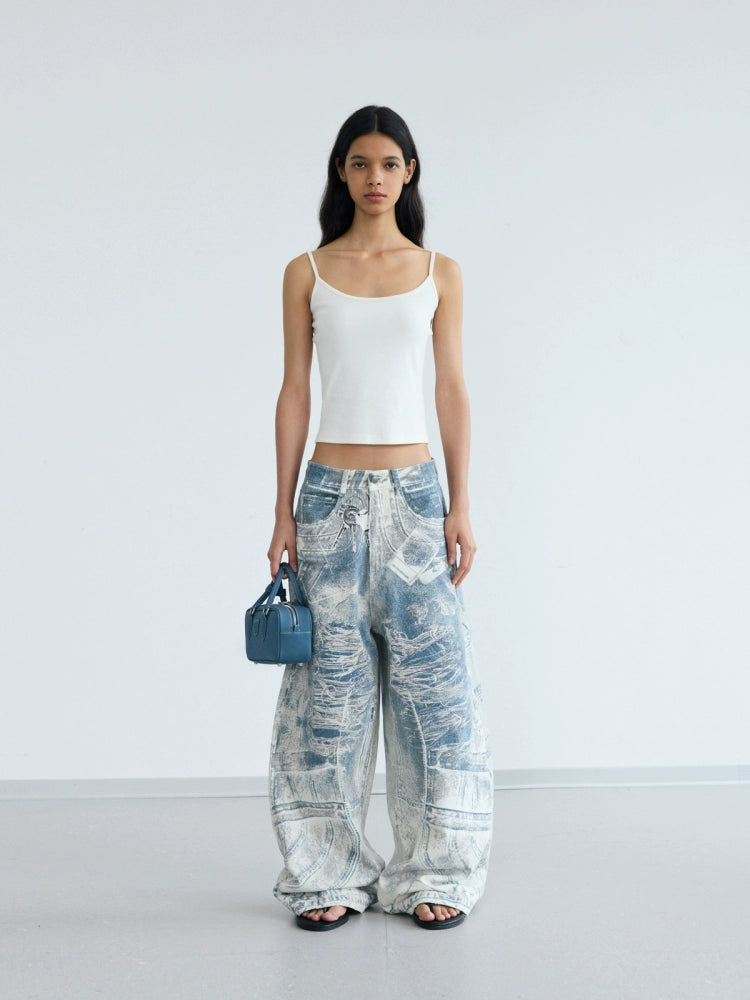 Vintage Printed Denim Pants
